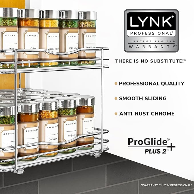 LYNK PROFESSIONAL® Pull Out Spice Rack Organizer for Inside Kitchen Cabinets - 10-3/8 inch Wide - Slide Out Drawer – Chrome Sliding Spice Cabinet Organization Shelf Racks - 2 Tier
