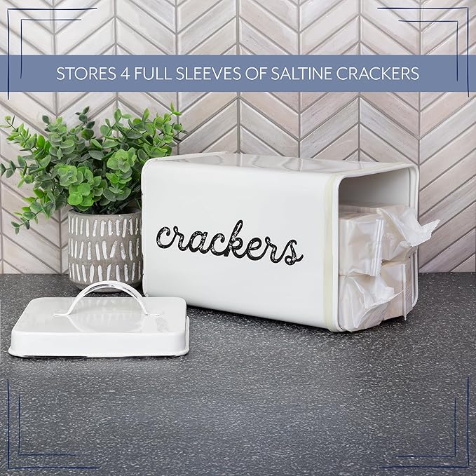 AuldHome Design Rustic White Cracker Tin; Square Enamelware Classic Cracker Canister