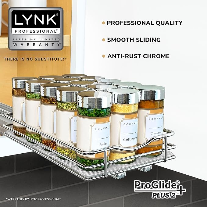 LYNK PROFESSIONAL® Pull Out Spice Rack Organizer for Inside Kitchen Cabinets - 6-3/8 inch Wide - Slide Out Drawer – Chrome Sliding Spice Cabinet Organization Shelf Racks - 1 Tier