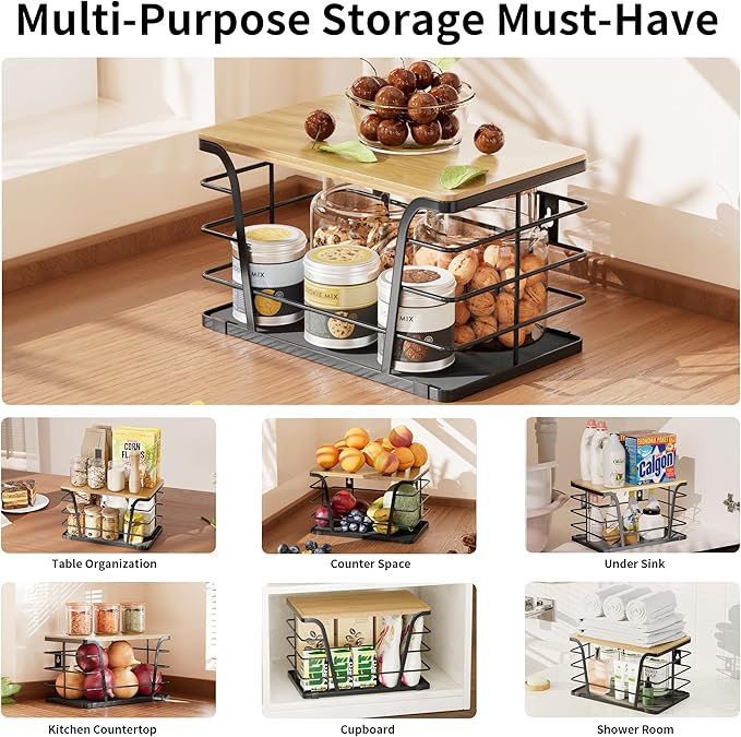 Pantry Organizers and Storage - Stackable Wire Basket with Lightweight PP Mat & Bamboo Top for Fruits Vegetables,Fruit Holder for Kitchen Countertop,Black