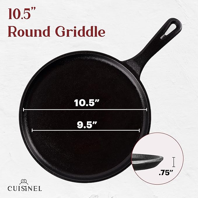 Cuisinel Cast Iron Round Griddle - 10.5”-Inch Crepe Maker Pan + Silicone Handle Cover - Pre-Seasoned Comal for Tortillas Flat Skillet - Dosa Tawa Roti Grill - Oven, Stovetop, BBQ and Induction Safe