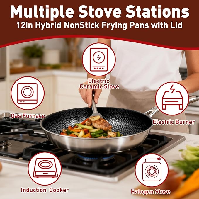 12 Inch Hybrid Non Stick Frying Pans with Lid, Nonstick 12-Inch Frying Pan, 3-Ply Stainless Steel Frying Pan, Stay-Cool Handle, Oven & Dishwasher Safe, Induction Compatible All Cooktop