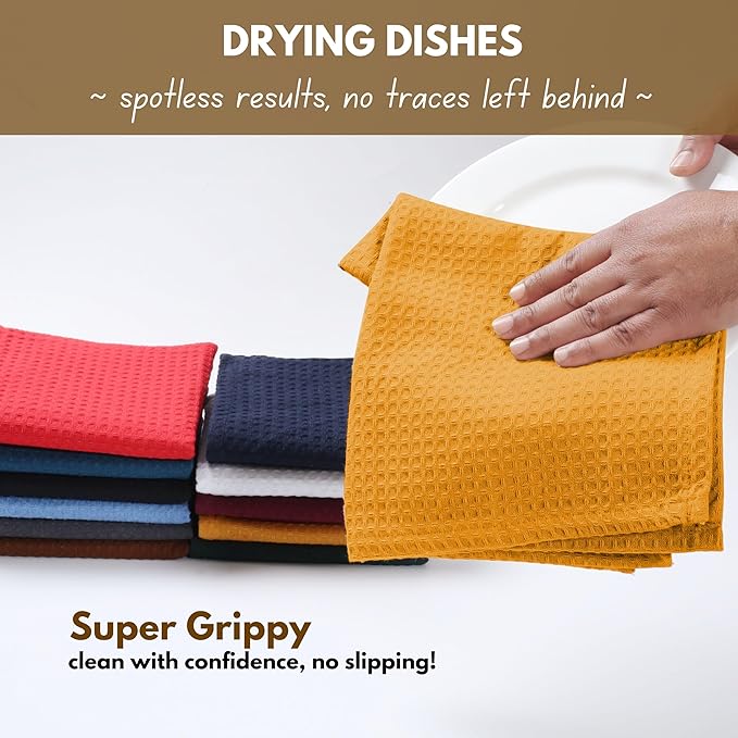 Native Fab Waffle 12 Pack Dish Cloths - 100% Cotton, Absorbent, Quick Drying, Washable Towels for Cleaning, Cooking - Great for Home, Restaurants, Bars, Multi Purpose Use - 12"x12" - Mustard Yellow