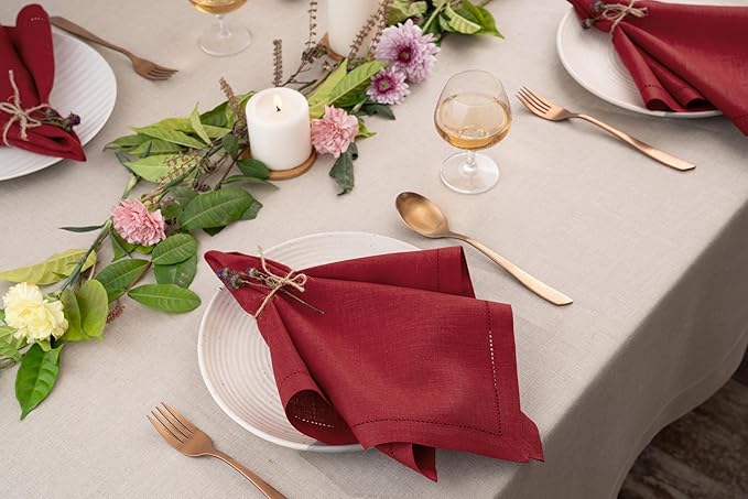 D'Moksha Homes Red Linen Napkins Set of 4 - Classic Hemstitch 100% Pure Linen Hemstitch Dinner Napkins 20 x 20 Inch for Fall, Thanksgiving, Christmas, Holiday - Handcrafted and Machine Washable