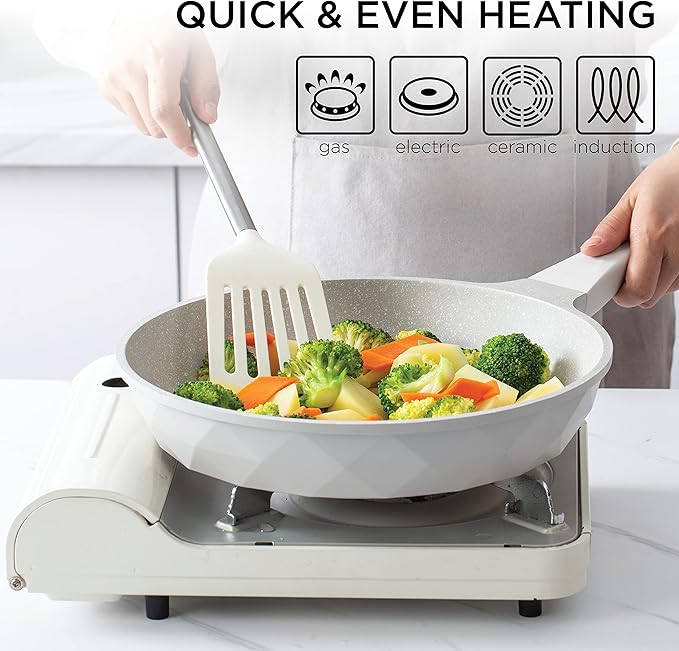 Country Kitchen Non-Stick Cast Aluminum Cookware Set - Durable Kitchen Cookware for Everyday Cooking, Cream Diamond, 11 Pc.