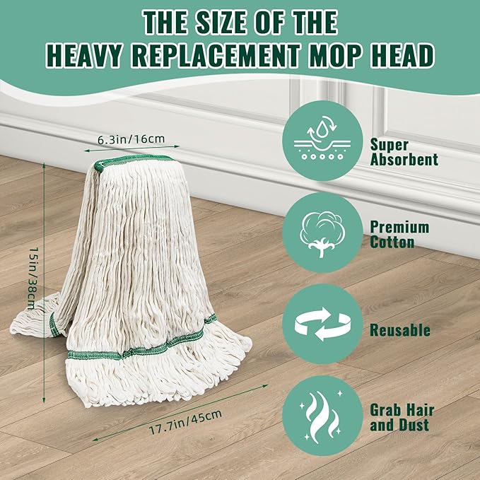 20oz Commercial Cleaning Mop Head Replacements- 6 Pack Heavy Duty Industrial Cotton Looped End String Cleaning Mop Head Refills,Used for Home,Garage,Office and Kitchen,White Mop Refills