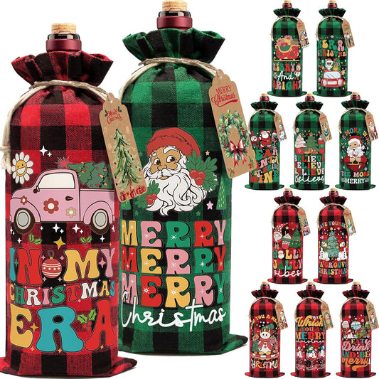 12PCS Burlap Wine Bag Christmas Wine Gift Bags, Drawstring Retro Christmas Bottle Cover Gift Bag w/ Tag, Buffalo Plaid Wines Bags for Bottles Gifts Reusable Bottle Covers for Xmas Holiday Party Decor