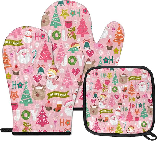 Oven Mitts Pot Holders Set 3 for Kitchen, Merry Christmas Insulation Oven Gloves Heat Resistant Pot Pads Cook Essentials Accessories for BBQ Baking Cooking Kitchen Decor Gifts for Women