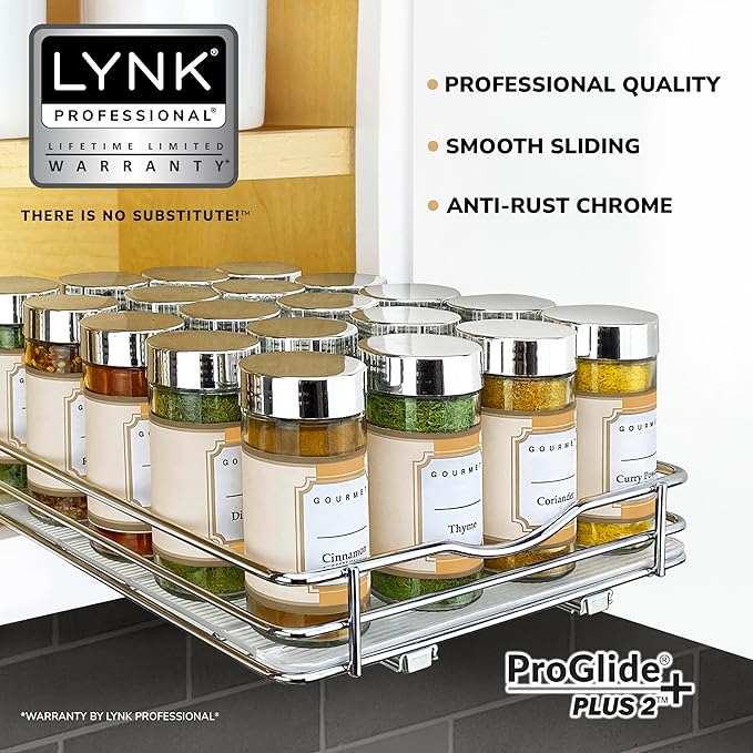 LYNK PROFESSIONAL® Pull Out Spice Rack Organizer for Inside Kitchen Cabinets - 8-3/8 inch Wide - Slide Out Drawer – Chrome Sliding Spice Cabinet Organization Shelf Racks - 1 Tier
