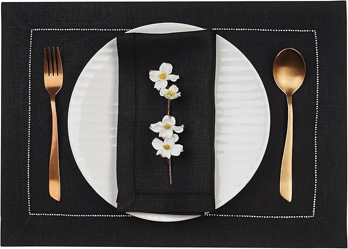 D'Moksha Homes Linen Placemats Set of 4 - Classic Hemstitch Black Placemats 14 x 19 Inch - 100% Pure Linen Table Mats for Fall, Thanksgiving, Holiday - Handcrafted and Machine Washable