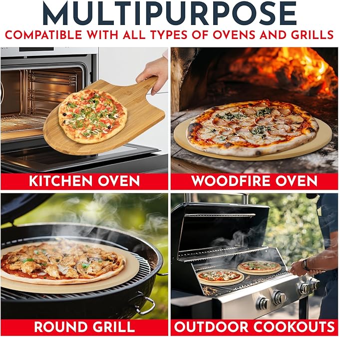 3PCS Round Pizza Stone for Oven Set 15" - Comes with Pizza Peel for Oven and Cutter - Cordierite Stones for Bread, Calzone, Cookies
