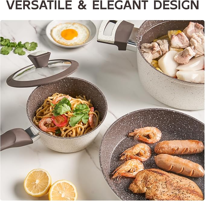 5Pcs Non Stick Pots and Pans Set | Ceramic Cookware Set with Stay-Cool Handles | PFAS-Free, Oven & Induction Safe Kitchen Utensils Set