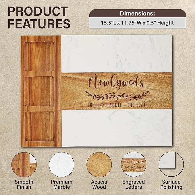 Personalized Wedding Gifts for Couples,Marble Wood Charcuterie Board,Newlyweds,Bridal Shower Gifts for Bride, Husband,Wife,Engagement Gifts,Mr and Mrs Gifts,Custom Laser Engraved Cheese Serving Board