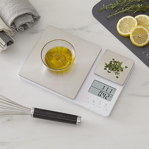 KitchenAid KQ909 Dual Platform Digital Kitchen and Food Scale, 11 Pound Capacity and Precision 16oz Capacity, White with Stainless Steel