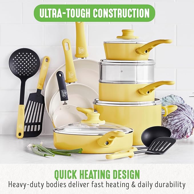 GreenLife 16 Piece Nonstick Cookware Set, Soft Grip Non-Toxic PFAS-Free Ceramic Pots & Pans, Dishwasher & Oven Safe, Frying, Sauce, Saute, Utensils, Glass Lids, Stay-Cool Handles, Wobble Free, Yellow