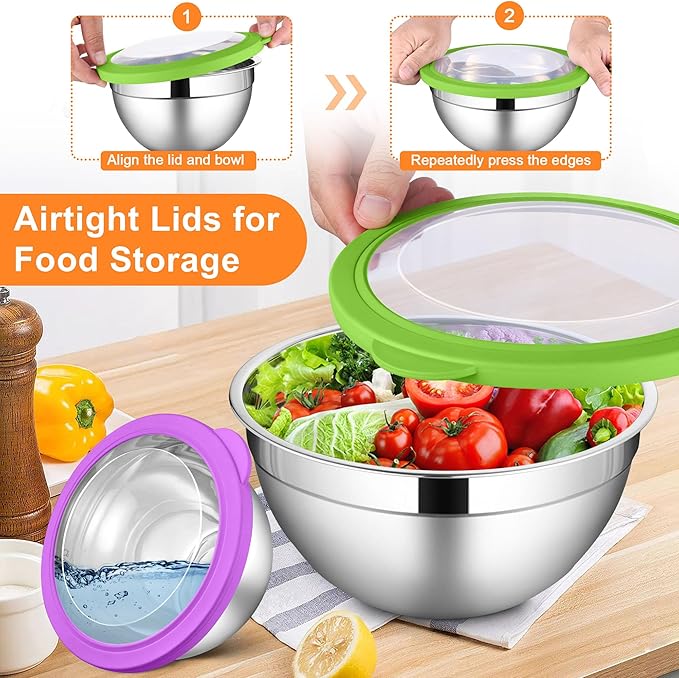 LIANYU Metal Mixing Bowls with Visible Lid Sets of 6, Large Size 7, 3.5, 2.5, 2, 1.5, 1QT, Stainless Steel Nesting Serving Bowl for Kitchen, Baking, Storage, Food Prepping, Cooking, Multi-Color