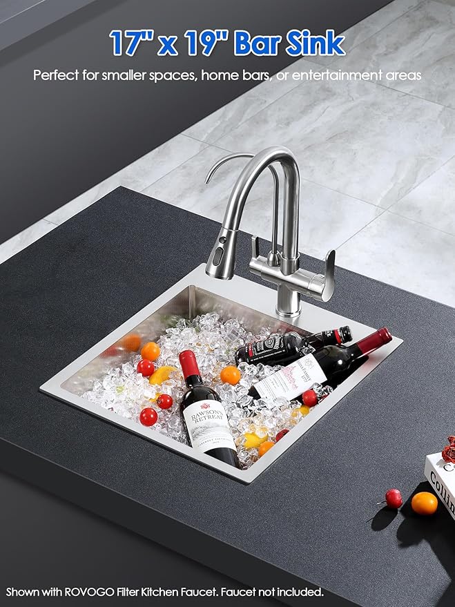 ROVOGO 17"x19"x8" Kitchen Bar Sink 304 Stainless Steel, Drop-In Single Bowl with Anti-Scratch Honeycomb Surface, 1 Faucet Hole, Top Mount Wet Bar Sink, Brushed Finish