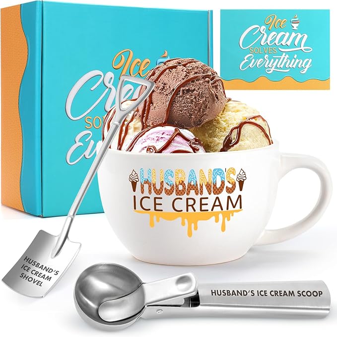 Valentine's Day & Christmas Gift for Husband – Ice Cream Bowl & Scoop Set from Wife, Funny Anniversary Present with Engraved Shovel Spoon