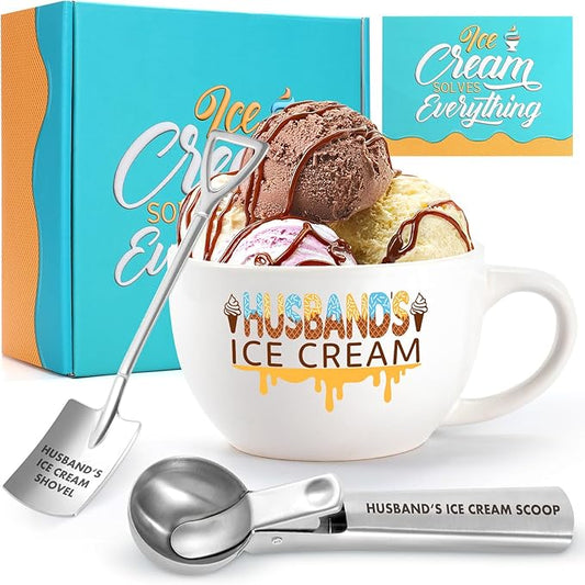 Valentine's Day & Christmas Gift for Husband – Ice Cream Bowl & Scoop Set from Wife, Funny Anniversary Present with Engraved Shovel Spoon