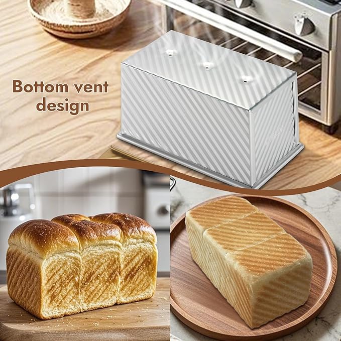 CURTA Commercial Pullman Loaf Pan with Lid 1 lb Dough Capacity Non-Stick Bakeware for Baking Bread, Corrugated Bread Bread loaf pan, Single Sided Silver 1pcs