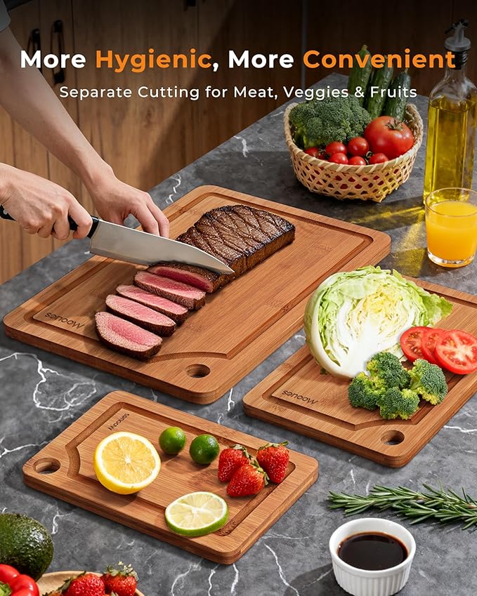 Deep-Carbonized Bamboo Cutting Board for Kitchen, Wooden Cutting Boards Set 3-Piece with Juice Groove, Durable Chopping Boards for Meat, Vegetables, Fruits, Cheese – Multi-Purpose, Knife-Friendly