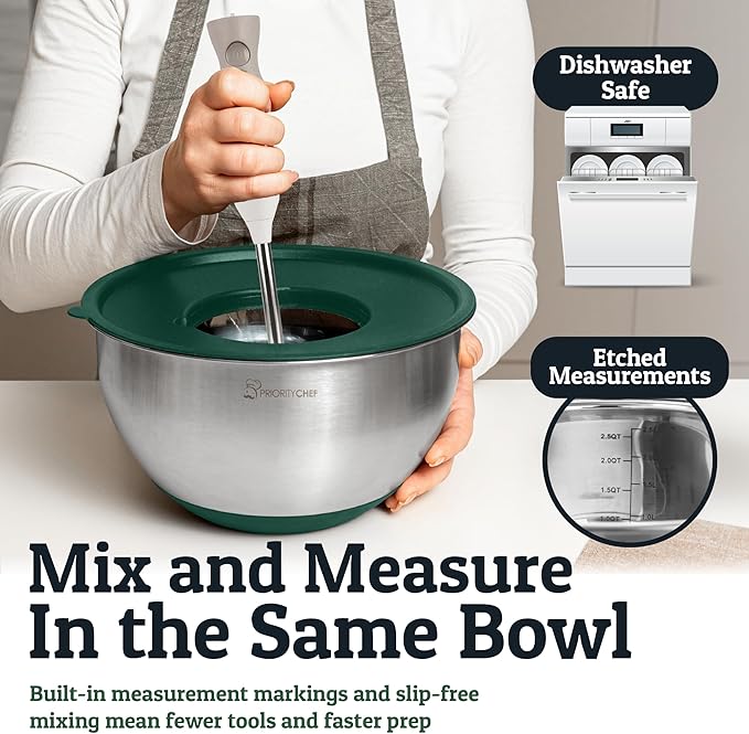 Priority Chef Stainless Steel Mixing Bowls with Lids Set, Metal Nesting Bowls with Airtight Lids, Graters, Non-Slip Base & Measurement Marks, Includes Utensil Set for Prep, Baking & Storage, Green