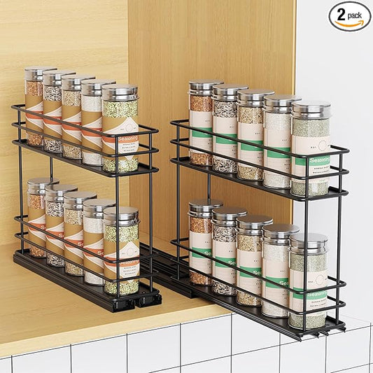 Pull Out Spice Rack Organizer for Cabinet, Slide Out Spice Racks, Easy to Install Spice Cabinet Organizers, 2.1''Wx10.35''Dx8.26''H, 2 Drawer 2 Tiers(Black)