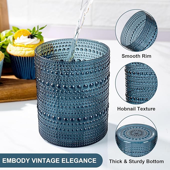 YOUBET 24PCS Plastic Hobnail Drinking Glasses - 14 Oz Blue Vintage Glasses Drinkware - Disposable Beaded Cups for Juice, Wine, Party