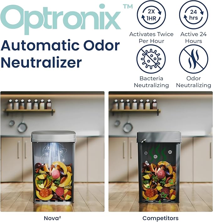 NINESTARS 13 Gallon Odor Neutralizing Smart Trash Can, UV + Ozone Dual Purification, Odor Control Motion Sensor Garbage Bin, Universal Power Adapter, ONT-50-82SL Stainless Steel, Silver, Nova Series