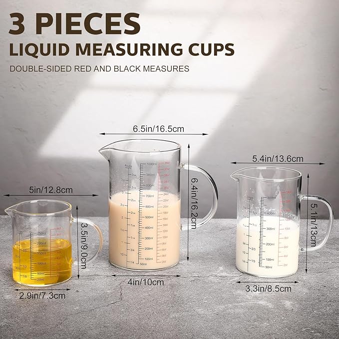 Lallisa 3 Pack High Borosilicate Glass Measuring Cups Set with Handle V Shaped Spout, 4, 2, 1 Cup 3 Scales (Oz, Cup, Ml) for Kitchen Restaurant Baking Cooking, Easy to Read, Clear(Black, Red Scale)