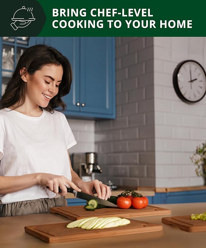 ROYAL CRAFT WOOD Wooden Cutting Boards for Kitchen Meal Prep & Serving - Bamboo Wood Serving Board Set with Deep Juice Groove Side Handles - Charcuterie & Chopping Butcher Block for Meat (3 Pcs)