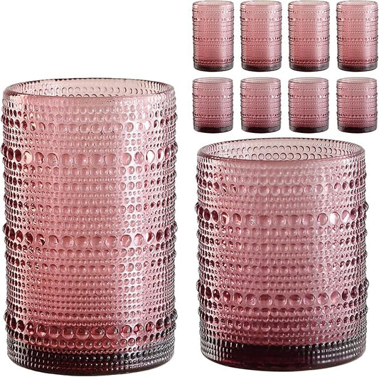 Vintage Hobnail Drinking Glasses Set of 8,Purple 12 oz & 15oz Highball Glass Cups, Kitchen Drinkware Glassware,Embossed Water Tumbler,for Beer,Cocktail,Whiskey,Juice and Various Mixed Drinks