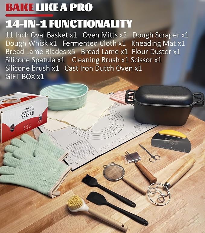 Dutch Oven for Bread Baking-3.6QT Oval Cast Iron Pot Bread Pan with Lid-Sourdough Bread Baking Supplies Starter Kit