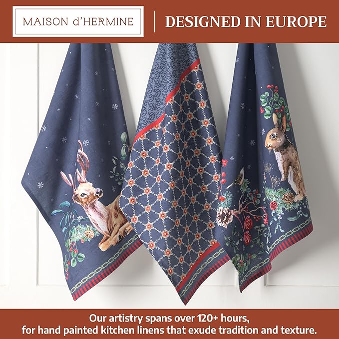 Maison d' Hermine Kitchen Towels Set of 3 100% Cotton 20" x 27.5" Reusable Cloth Tea Dish Towels Absorbent with Hanging Loop for Kitchen Dining Thanksgiving Christmas Decorations (Christmas Joy)