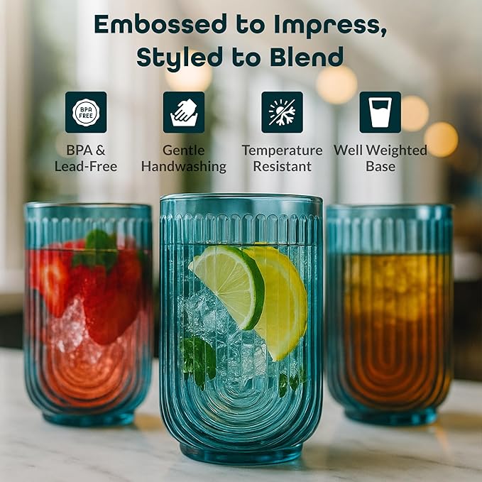 Glaver's Vintage Glassware Art Deco Highball Glasses Set of 4 Blush Ribbed Drinking Glasses 17 Oz U-Shape Arch Design Colored Cocktail Kitchen Tumblers Everyday Dinner Decorative Party, Blue