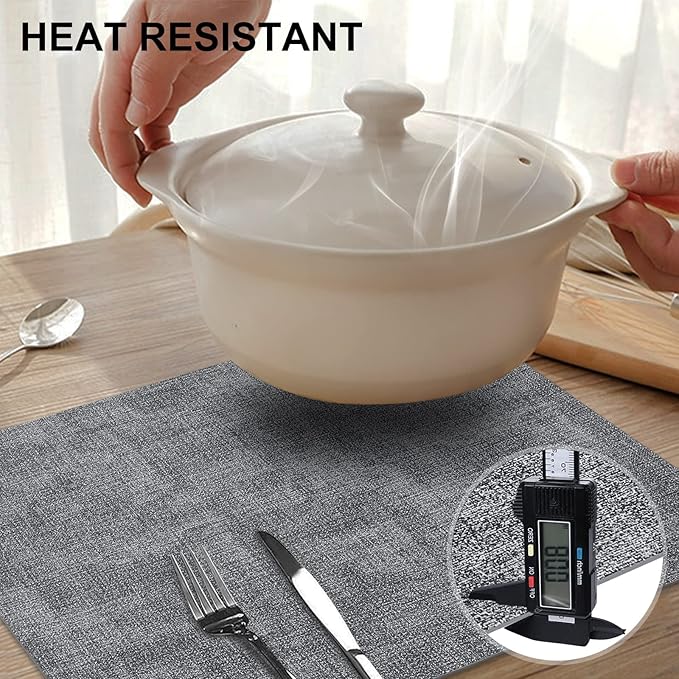 homing Faux Leather Heat Resistant Placemats 6 Packs, Waterproof Wipeable Dining PU Place Mats for Indoor & Outdoor, Easy to Clean, Smokey Grey