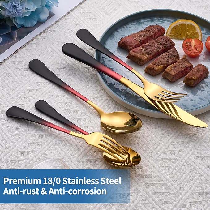 20-Piece Black Red Gold Silverware Set, 18/0 Stainless Steel Colorful Handle Flatware Set,Service for 4,Modern Cutlery Set Includes Dinner Knives Forks Spoons,Mirror Polished,Dishwasher Safe