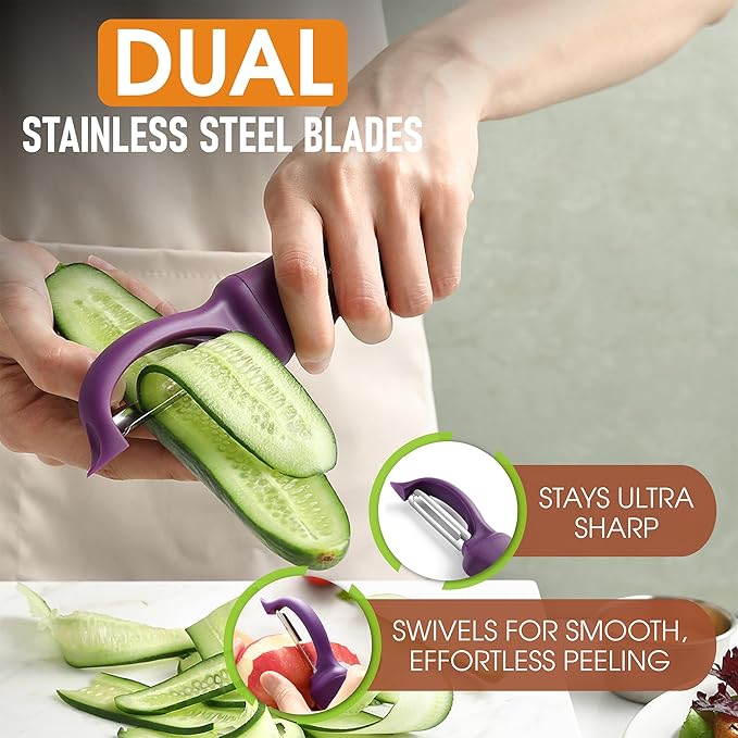 Spring Chef Professional Purple Swivel Potato Peelers for Kitchen, Stainless Steel Veggie Peeler with Soft Grip Handle, Dishwasher Safe, Grate for Peeling Apple, Fruit, Carrot, Cucumber, Purple