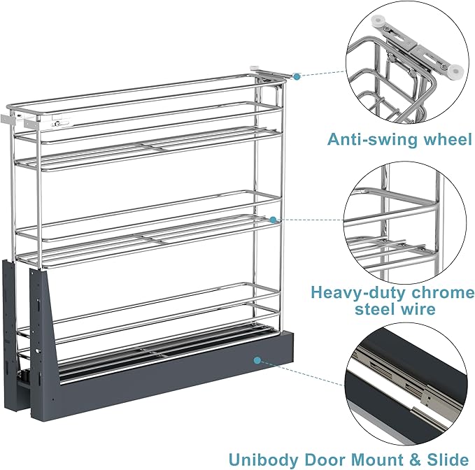 Pull Out Spice Rack for Narrow Cabinet (5.9" W X 19.7" D), Heavy Duty 3 Tier narrow PullOut Cabinet Organizer and Slide Out Shelves for inside Base Cabinets, Filler Pantry Storage