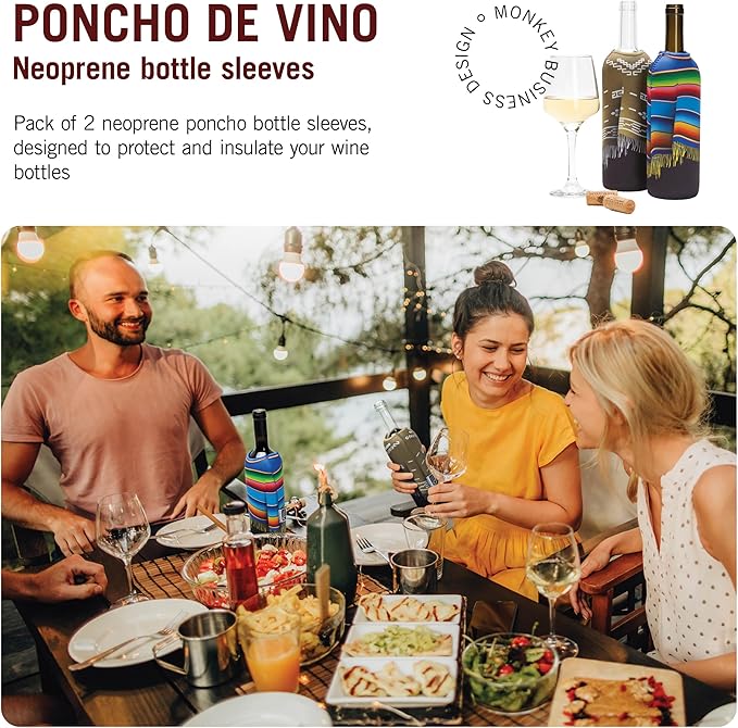 Monkey Business - Wine Bottle Poncho Covers: Set of 2 Insulated Neoprene Sleeves – Fun Wine Bottle Outfits for 750ml (25 oz) Bottles – Decorative Wine Accessories and Wine Gifts