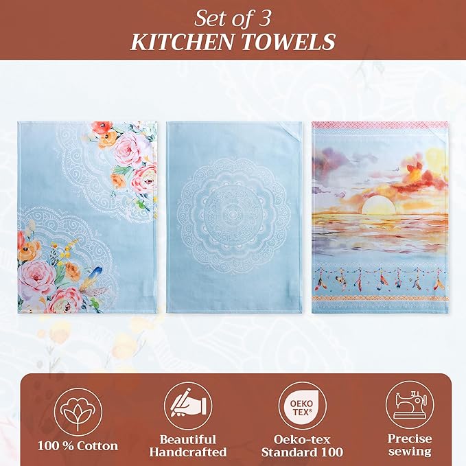 Maison d' Hermine Kitchen Towels Set of 3 100% Cotton 27.50" x 20" Reusable Cloth Tea Dish Towels Absorbent with Hanging Loop for Kitchen, Home, Dining, Cocktail Parties Spring/Summer (Ibiza - Blue)
