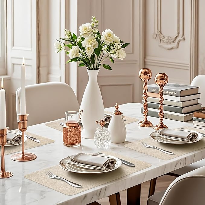 Vinly Placemats Set of 6 - Waterproof Wipeable Faux Leather Table Place Mats Heat Resistant Anti Slip Table Mats for Dining, Indoor, Outdoor, 15.8" x 11.8" (Beige)