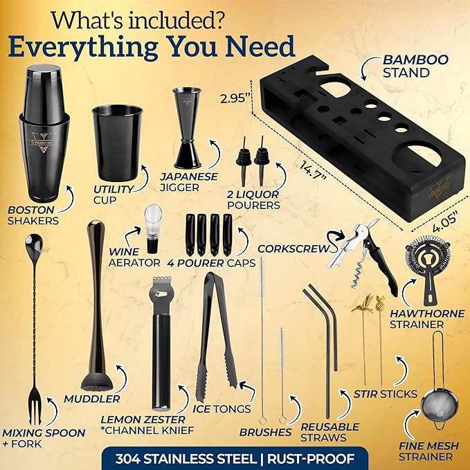 Elite Mixology Bartender Kit 20-Piece Boston Cocktail Shaker Set for Mixing with Stand- Indestructible Bar Accessories Bartending Kit, Cocktail Bar Set, Bartender Set, Bonus Recipe Cards Bar Tools
