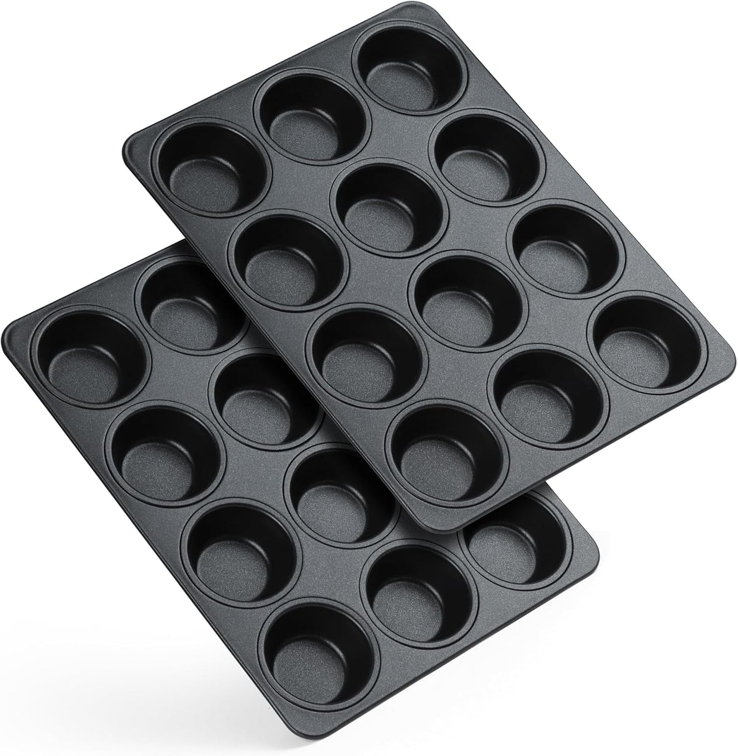E-far Nonstick Muffin Pan 12 Cups Set of 2, Stainless Steel Muffin Tin Cupcake Pan Tray for Baking, Stainless Steel Core & Non Toxic, Easy Release & Easy Clean, Black
