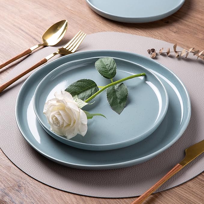 AmorArc Ceramic Dinnerware Sets for 8, 24 Pieces Handpainted Plates and Bowls Set with Rustic Terracotta Underside, Scratch Resistant Stoneware Dishes Set, Dishwasher & Microwave Safe, Stone Blue