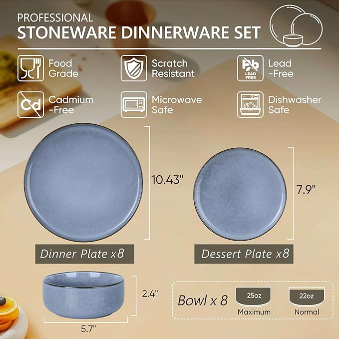 Herogo 24-Piece Stoneware Dinnerware Set for 8, Stackable Dinner Plates and Bowls Sets, Double Reactive Glaze Dishware Place Setting for Kitchen, Scratch Resistant, Microwave Safe, Haze Blue