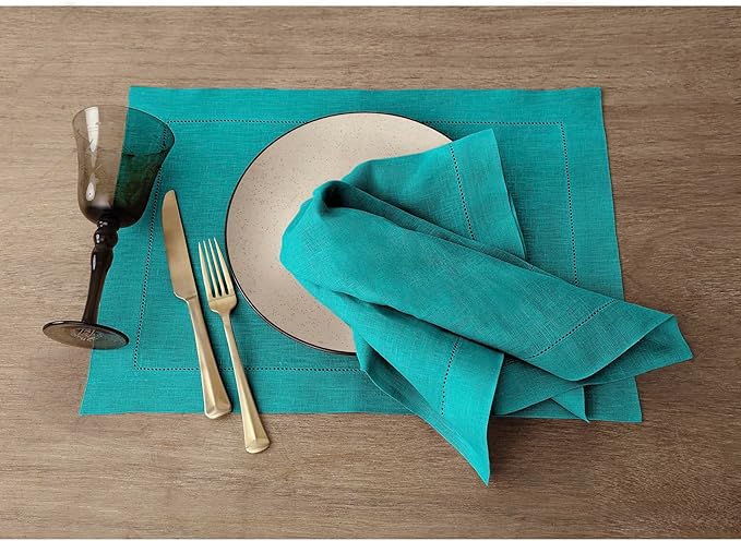 Solino Home Linen Napkins Set of 4 - Classic Hemstitch 100% Pure Linen Teal Dinner Napkins Cloth 20 x 20 Inch for Fall, Autumn, Thanksgiving, Christmas - Handcrafted and Machine Washable