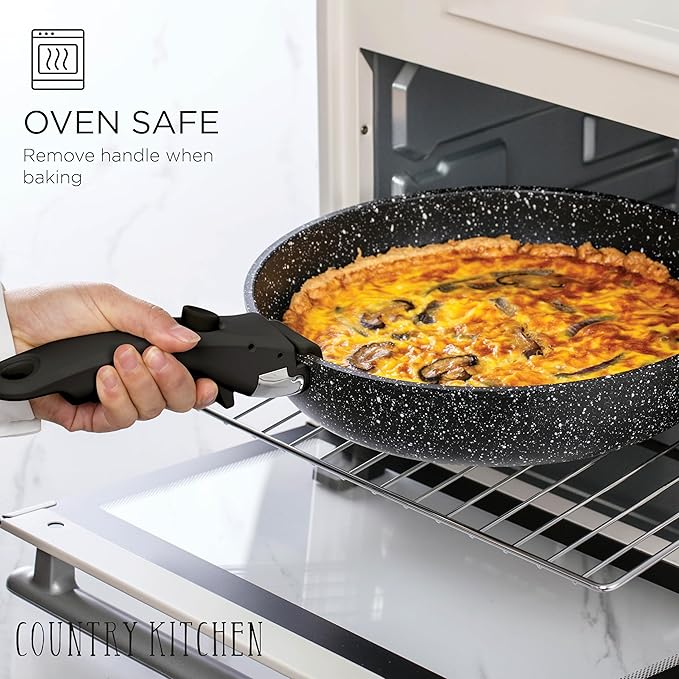 Country Kitchen Cookware Set with Removable Handle, Oven & RV Safe Pots and Pans Set, Black, Deluxe Larger Set