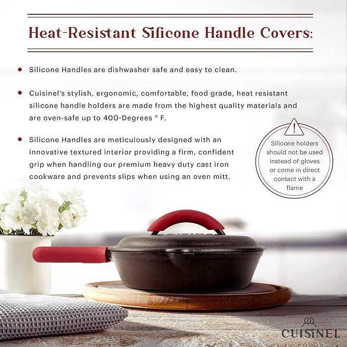 Cuisinel Cast Iron Skillet with Lid - 8"-inch Pre-Seasoned Covered Frying Pan Set + Silicone Handle and Lid Holders + Scraper/Cleaner - Indoor/Outdoor, Oven, Camping Fire, Grill Safe Kitchen Cookware