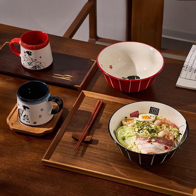 Ramen Bowl Set 45oz, 8inch, Japanese Ukiyo-e Design - Perfect for Ramen, Pho, and Noodles-Durable Ceramic Bowls, Microwave & Dishwasher Safe-Ramen Noodle Bowl Set (Samurai & Geisha)